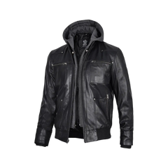 Men's Black Leather Jacket With Removable Hood