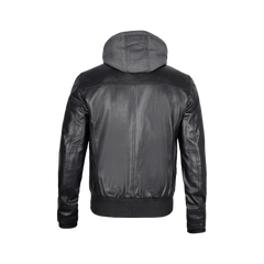 Men's Black Leather Jacket With Removable Hood