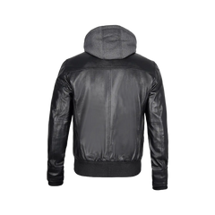 Men's Black Leather Jacket With Removable Hood