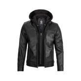 Men's Black Leather Jacket with Removable Hoodie — Fast Delivery