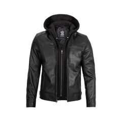 Men's Black Leather Jacket with Removable Hoodie