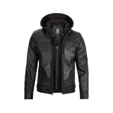 Men's Black Leather Jacket with Removable Hoodie