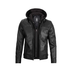 Men's Black Leather Jacket with Removable Hoodie
