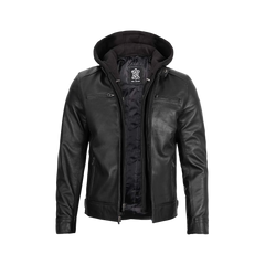 Men's Black Leather Jacket with Removable Hoodie