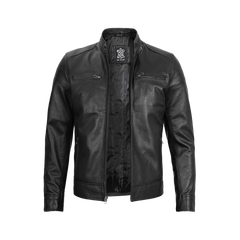 Men's Black Leather Jacket with Removable Hoodie