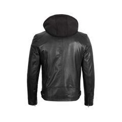 Men's Black Leather Jacket with Removable Hoodie