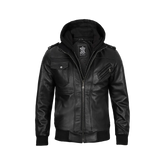 Men's Black Leather Jacket with Removable Hoodie