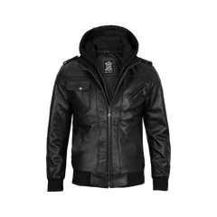 Men's Black Leather Jacket with Removable Hoodie