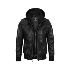 Men's Black Leather Jacket with Removable Hoodie