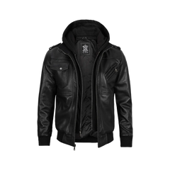 Men's Black Leather Jacket with Removable Hoodie