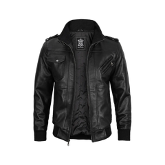 Men's Black Leather Jacket with Removable Hoodie