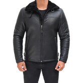 Men's Black Shearling Leather Bomber Jacket - Winter Jacket