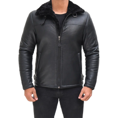 Men's Black Shearling Leather Bomber Jacket - Winter Jacket