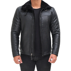 Men's Black Shearling Leather Bomber Jacket - Winter Jacket