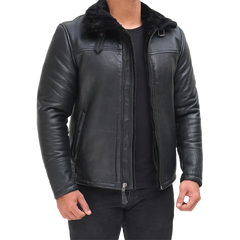 Men's Black Shearling Leather Bomber Jacket - Winter Jacket