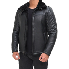 Men's Black Shearling Leather Bomber Jacket - Winter Jacket