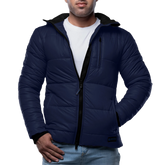 Men's Blue Puffer Jacket with Hood - Down Insulation