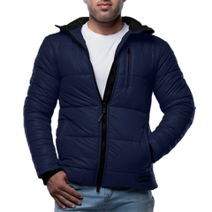Men's Blue Puffer Jacket with Hood - Down Insulation