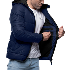 Men's Blue Puffer Jacket with Hood - Down Insulation