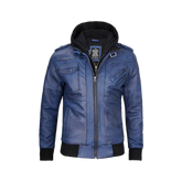 Men's Blue Waxed Leather Jacket with Removable Hood