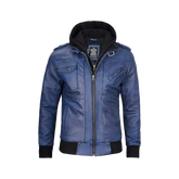 Men's Blue Waxed Leather Jacket with Removable Hood