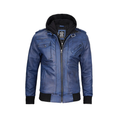 Men's Blue Waxed Leather Jacket with Removable Hood