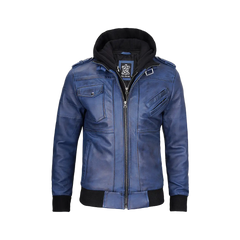 Men's Blue Waxed Leather Jacket with Removable Hood