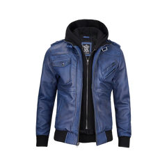 Men's Blue Waxed Leather Jacket with Removable Hood