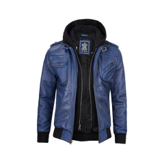 Men's Blue Waxed Leather Jacket with Removable Hood