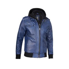 Men's Blue Waxed Leather Jacket with Removable Hood