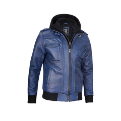 Men's Blue Waxed Leather Jacket with Removable Hood