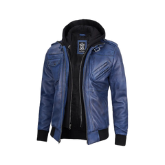 Men's Blue Waxed Leather Jacket with Removable Hood