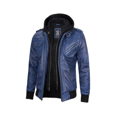 Men's Blue Waxed Leather Jacket with Removable Hood