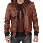 Men's Brown Bomber Leather Jacket With Removable Hood