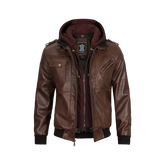 Men's Brown Bomber Leather Jacket With Removable Hood