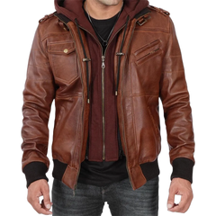 Men's Brown Bomber Leather Jacket With Removable Hood