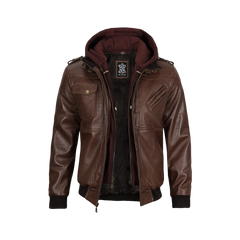 Men's Brown Bomber Leather Jacket With Removable Hood