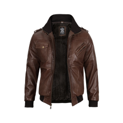 Men's Brown Bomber Leather Jacket With Removable Hood