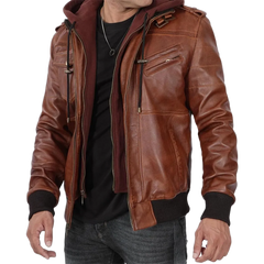 Men's Brown Bomber Leather Jacket With Removable Hood
