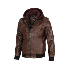 Men's Brown Bomber Leather Jacket With Removable Hood
