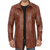 Men's Tall Brown Cognac 3 4 Length Leather Car Coat