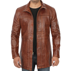Men's Tall Brown Cognac 3 4 Length Leather Car Coat