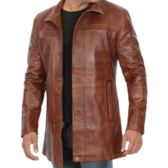 Men's Tall Brown Cognac 3 4 Length Leather Car Coat
