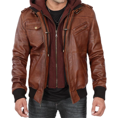 Men's Brown Tall Leather Bomber Jacket With Removable Hood