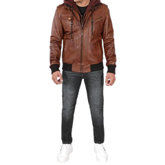 Men's Brown Tall Leather Bomber Jacket With Removable Hood