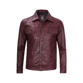 Men's Burgundy Real Leather Trucker Jacket