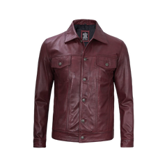 Men's Burgundy Real Leather Trucker Jacket