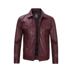 Men's Burgundy Real Leather Trucker Jacket