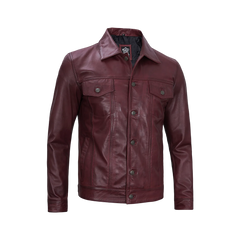 Men's Burgundy Real Leather Trucker Jacket