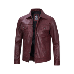 Men's Burgundy Real Leather Trucker Jacket